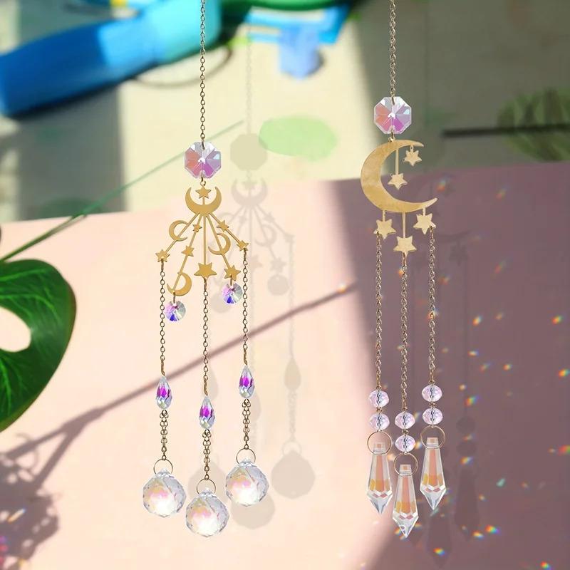 1 Star and Moon Gold Crystal Pendant Sun Catcher - Garden Decoration, Colorful Crystal Festival Decoration Pendant