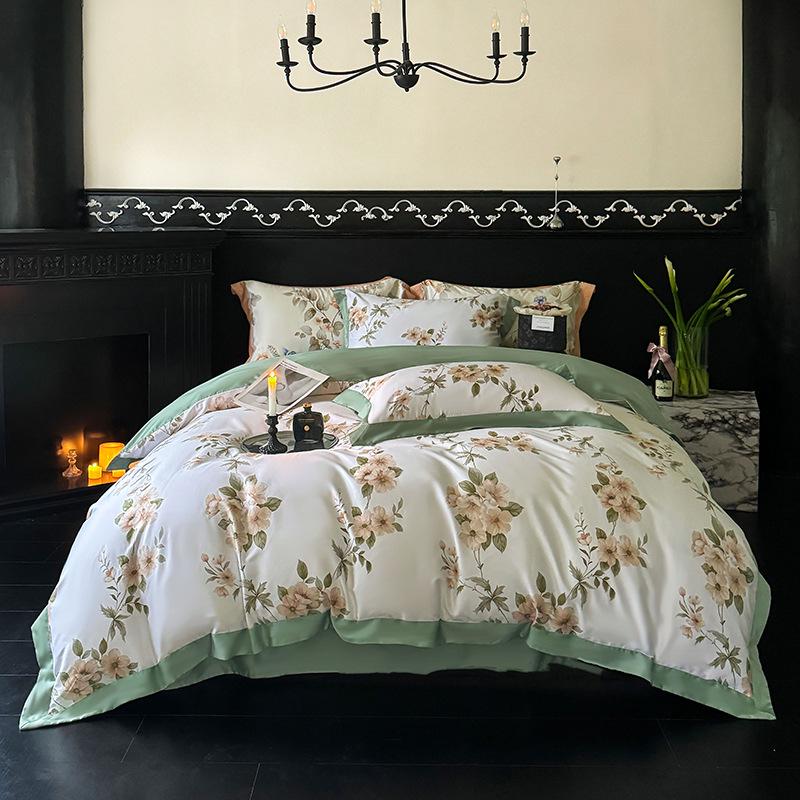 100-Piece Light Luxury Long-Staple Cotton Reactive Print 4-Piece Bedding Set with Wide-Edge Bed Sheet & Duvet Cover