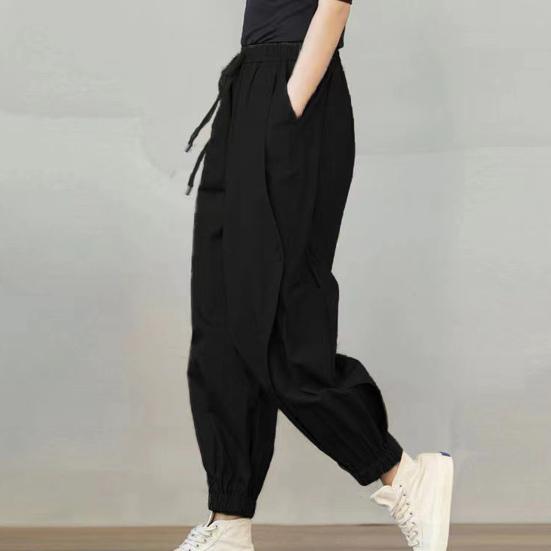 Lady Harem Pants Loose Elastic Waist Solid Color Drawstring Pockets Streetwear Deep Crotch Ankle Banded Aesthetic Lady Cargo Trousers Women Clothing