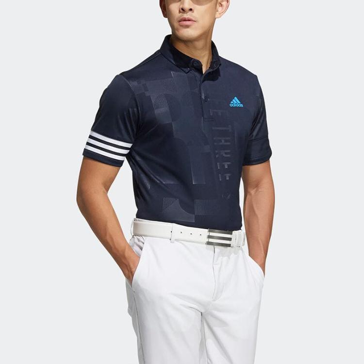 Adidas Striped Print Logo Short Sleeve Button Polo Men Tops Blue HA0227