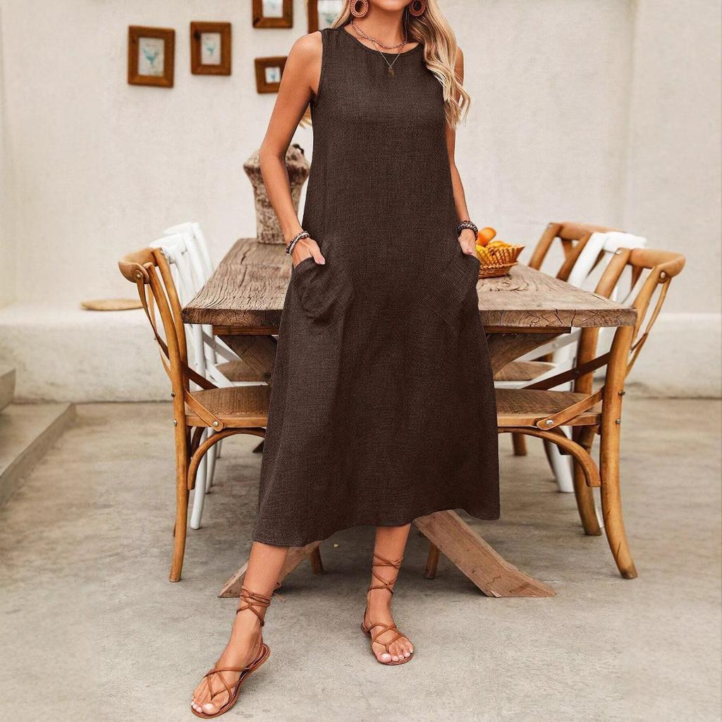 Damen Sommerkleid, lässig, ärmellos, Baumwolle, Leinen, Maxilänge, Tunika, Rundhalsausschnitt, Tank, solides Strandkleid mit Taschen