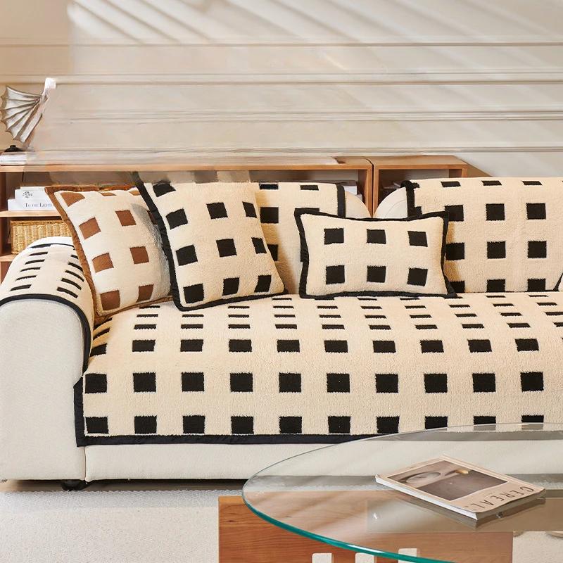 New Light Luxury Plush Sofa Cover Thickened Anti Slip Sofa Cushion Winter Black White Checkered Sofa Cover Backrest Towel