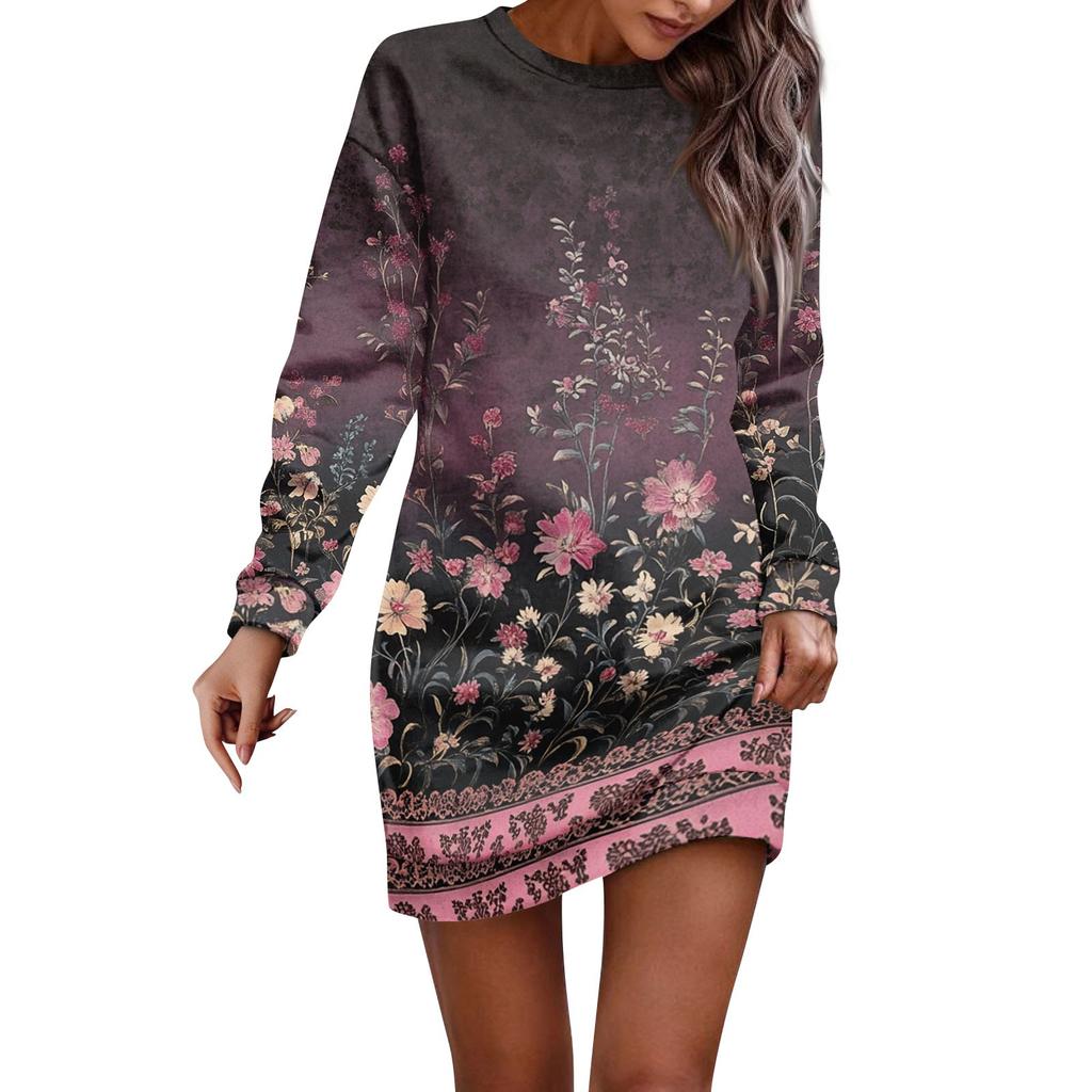 Women's Round Neck Vintage Floral Print Long Sleeve Wrap Dress Sweatshirt Dresses