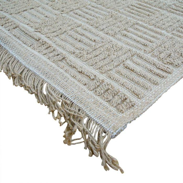 Tapis salon damier en jute naturel artisanal reliefs beige 120x160