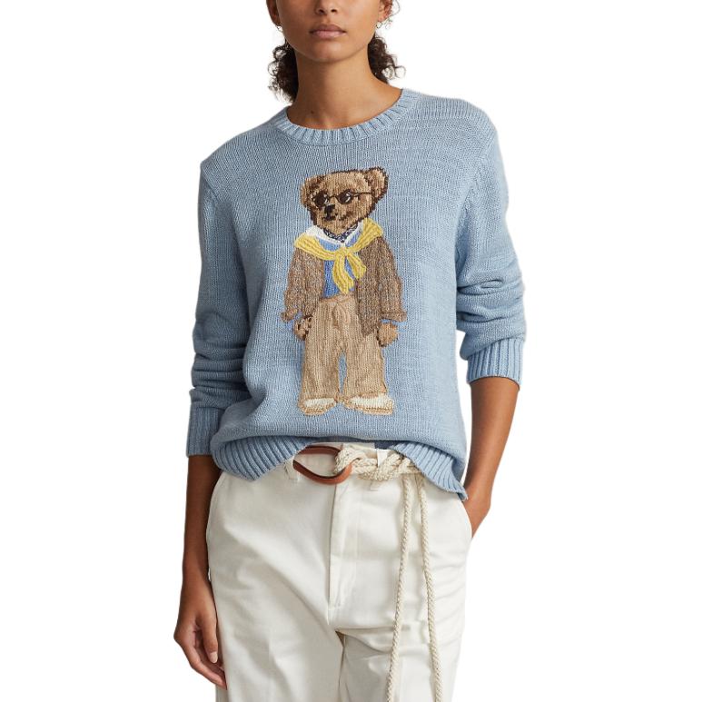 Polo Ralph Lauren SS24 Bear Embroidered Crew Neck Loose Fit Knit Sweater Women sweater Blue WMPOSWENC020874-450