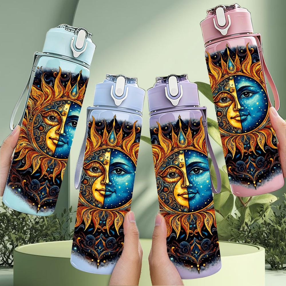 1PC Sun Face Bohemian Art Print 750ml Color Plastic Sports Water Bottle Leakproof Flip Straw Lid Suitable for Sports Office Home Use