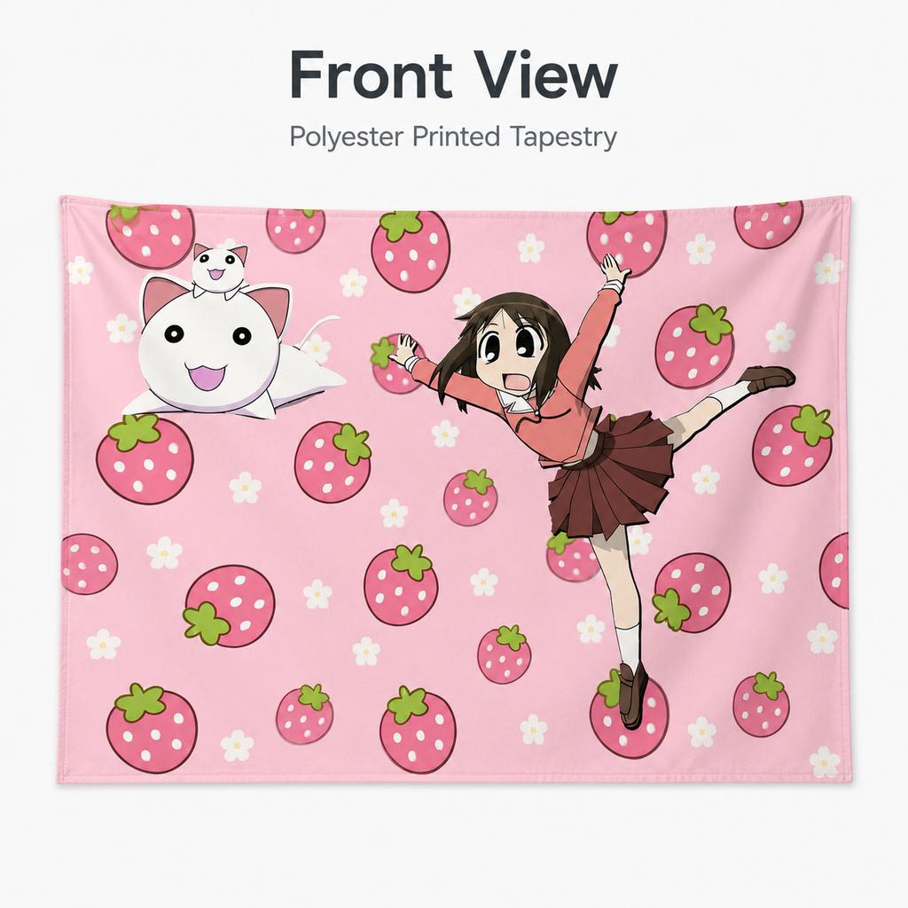 Kawaii Anime Girl Wall Tapestry Pink Strawberry Pattern Cute Cat Flat Print Hanging For Girls Bedroom Dorm Aesthetic Decor