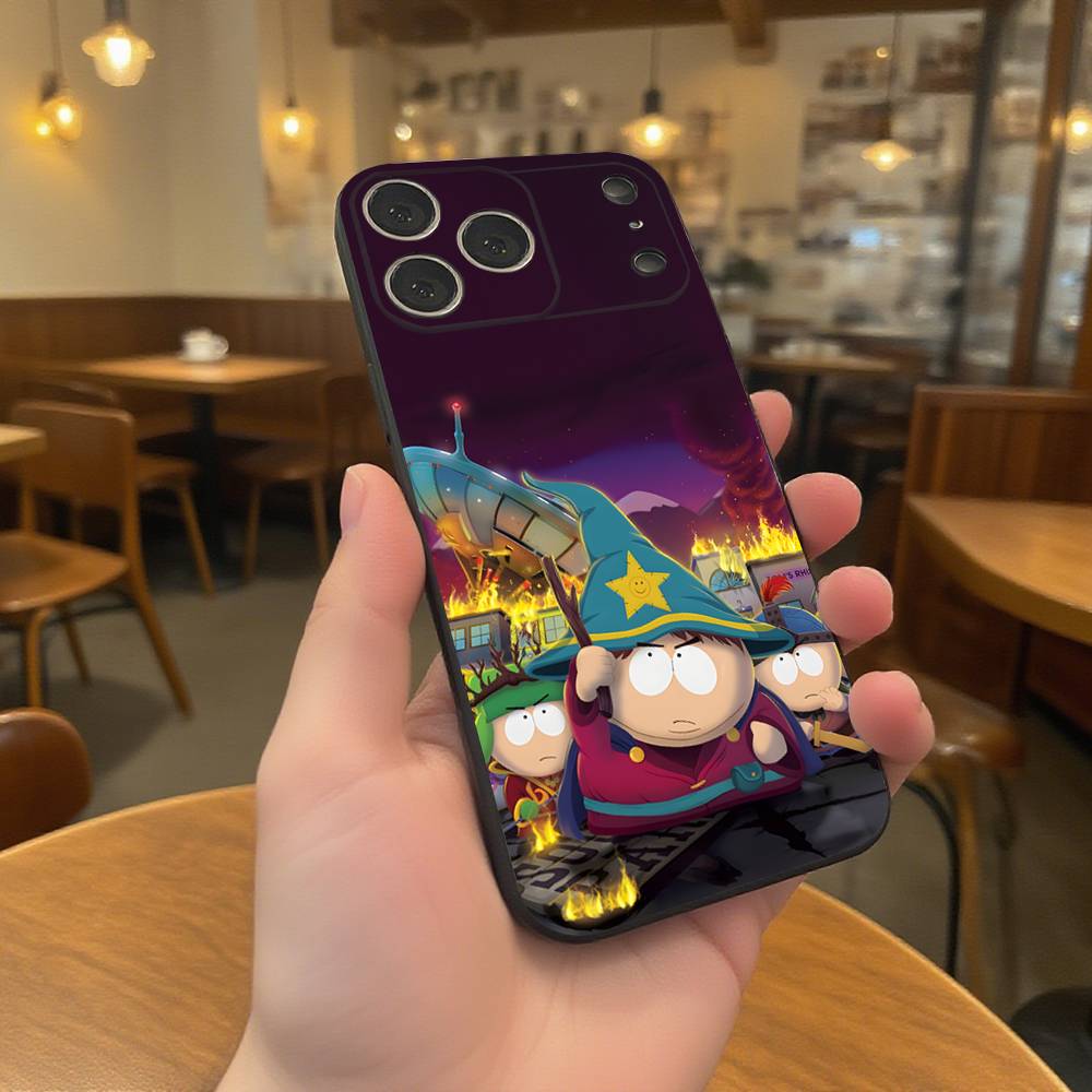 Cartoon Funny S-South-P-Park Wear-resistant Phone Case For iPhone 17,16,15,14,13,12,11,Pro,Max,Plus Black Soft Cover