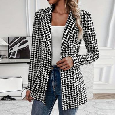 Women Suit Coat Notched Lapel Long Sleeve Single Button Suit Jacket Slim Fit Plaid Print