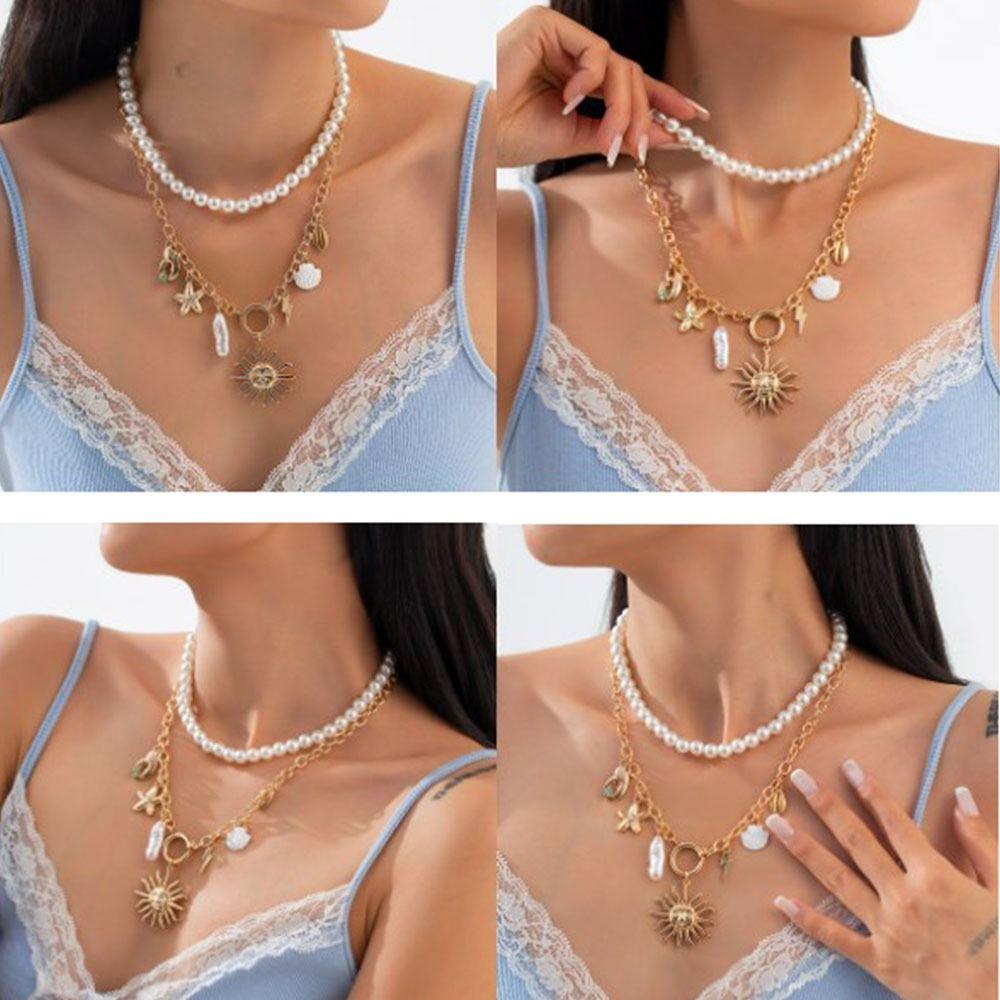 Pearl Shell Multilayer Necklace Starfish Shells Imitation  Pearl Necklace  Neck Jewelry