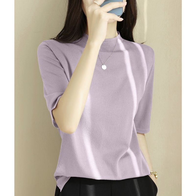 

Трикотажная футболка с воротником-стойкой и рукавами средней длины, женская одежда, лето, новое поступление, свободный крой, нижний край до бедра, рукава до локтя, топ из ледяного шелка, тонкий Soft purple [fabric upgrade]] XL