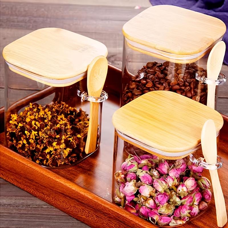 Glass sealed jar with spoon, kitchen miscellaneous grains and dried fruits storage bottle, bamboo and wood lid with spoon, household seasoning jar
