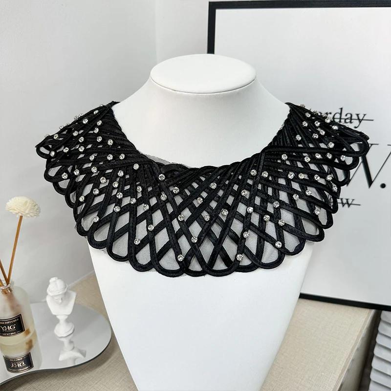 

Ажурная вышитая шаль молочного цвета с бусинами для ногтей, черная и белая, с бахромой, сделай сам, декоративный аксессуар для одежды, фальшивый воротник 1pc