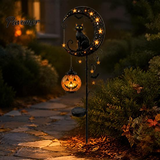 Fall Party Outdoor Lighting Halloween Solar Garden Stake Light, Metal Black Cat & Pumpkin Moon Waterproof Wireless Powered Yard Lights Decorations for