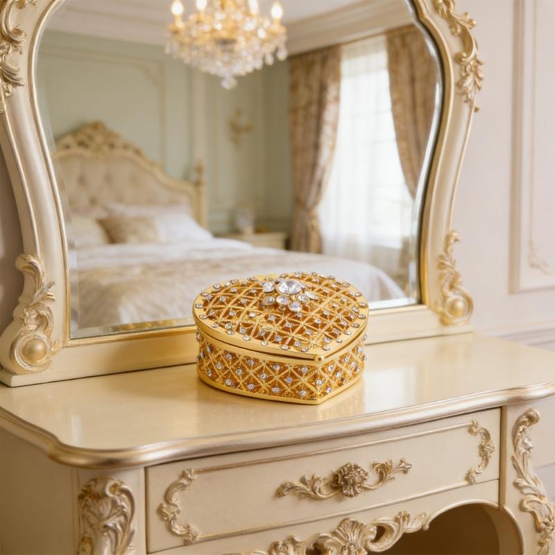 Romance Heart Shaped Metal Jewelry Storage Box Decorated With Diamonds And Pearls