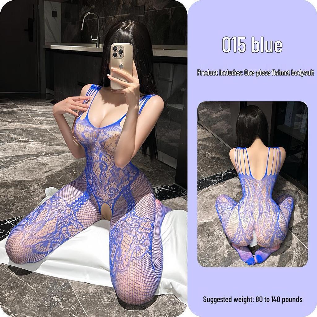 Dámský overal s trhací rozkrokem a punčochy - Sexy síťované body s vykrojením 015