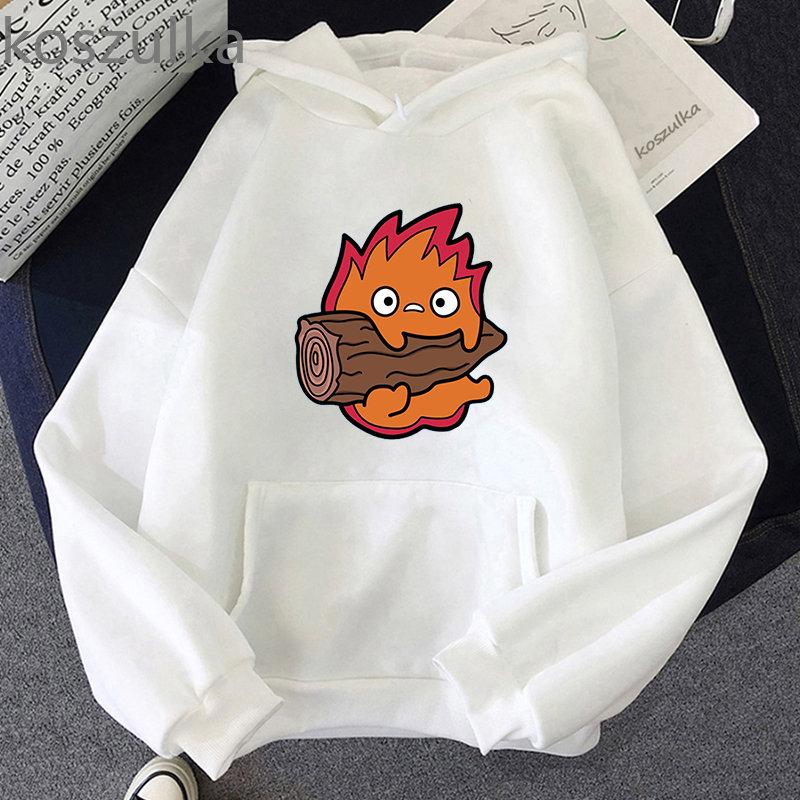 Howl's Moving Castle Calcifer Hettegensere Løs Fleece Hettegenser Tegneserie Calcifer Vintage Pullovers Gensere Vinter Dame Streetwear