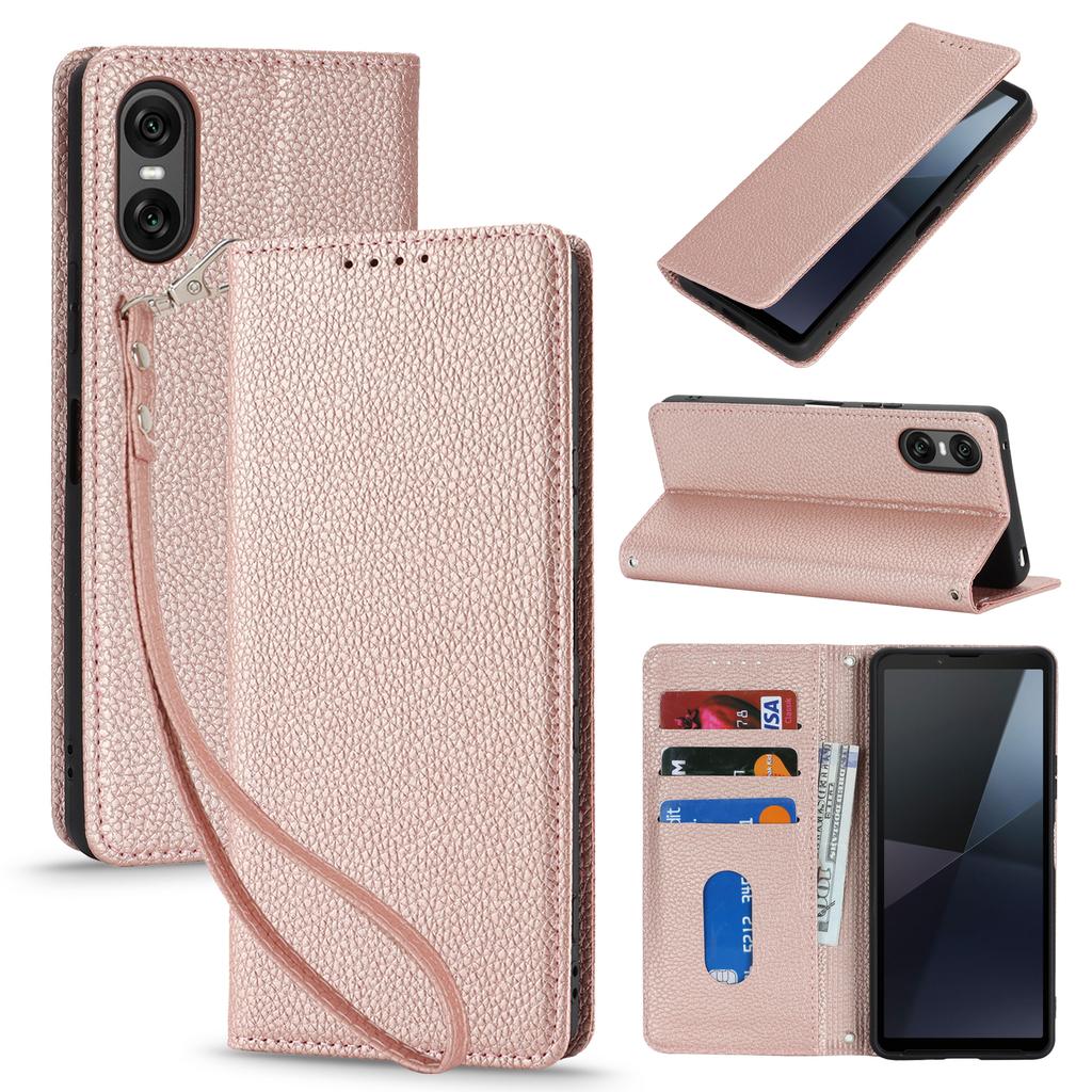 For Sony Xperia 10 VI Case Stand Wallet Litchi Texture Leather Flip Phone Cover with Strap