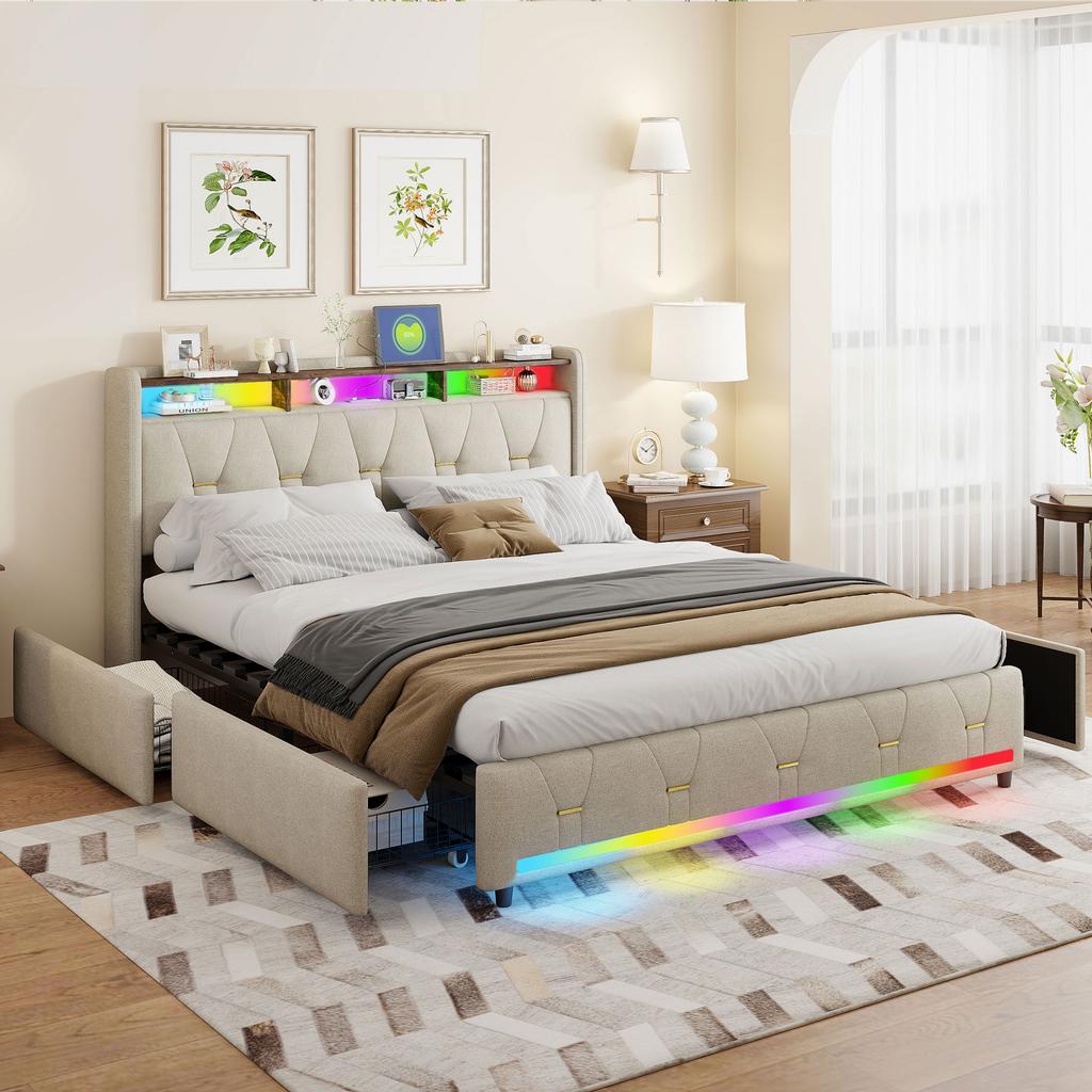 Modern Fabric Button-Tufted Bed Frame App Remote Controlled LED Ambient Light Built-in Charger 4 Under Bed Storage Drawer Basket