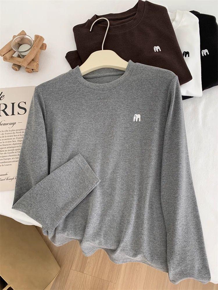 Korean-Style Embroidered Women's Thickened Long Sleeve T-Shirt
