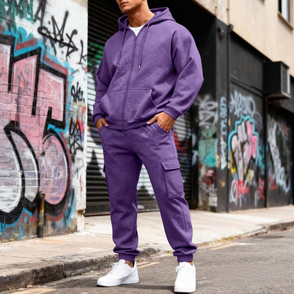 Men's Fleece-Lined Thermal Two-Piece Tracksuit | Color Hooded Sweatshirt Jacket & Elastic Waist Cargo Joggers For Casual Outdoor