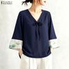 ZANZEA Women Elegant Casual V-Neck Pring Splice 3/4 Sleeve Loose Blouse