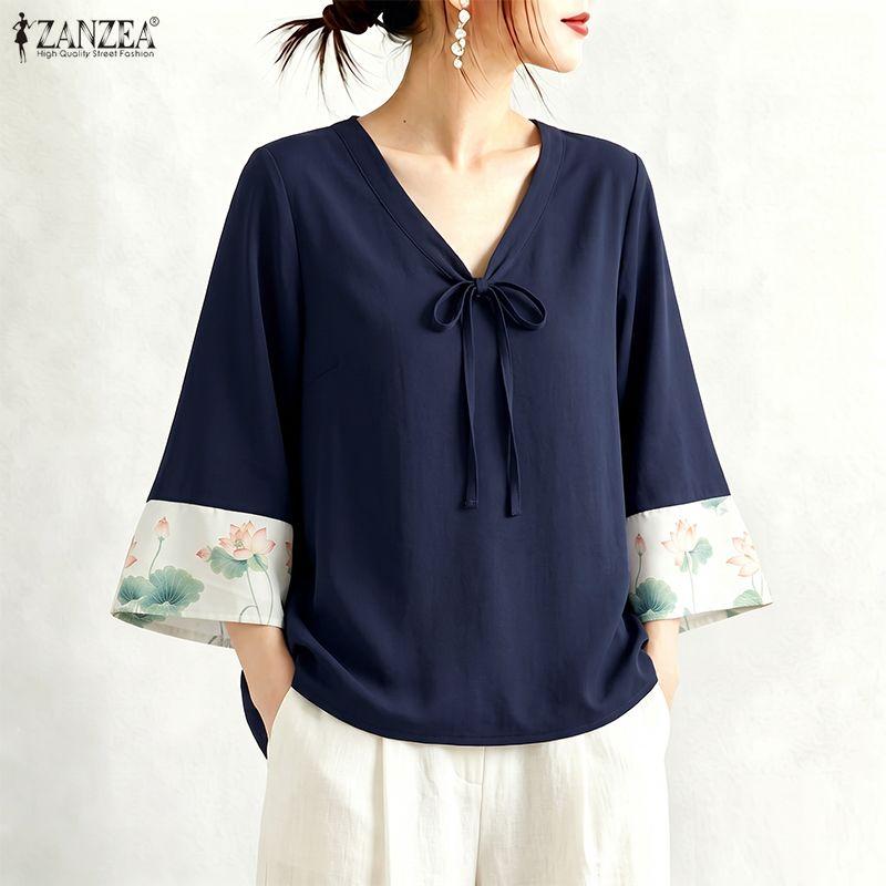 ZANZEA Women Elegant Casual V-Neck Pring Splice 3/4 Sleeve Loose Blouse
