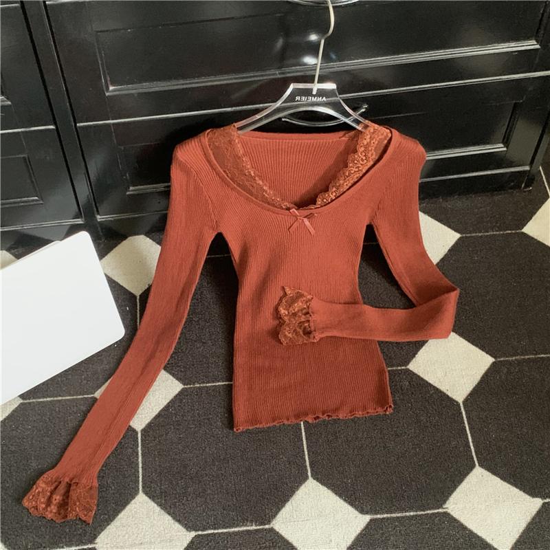 

Осенний вязаный свитер с длинными рукавами и кружевной вставкой, женская модная элегантная базовая кофта с длинным рукавом, пуловер, женские облегающие вещи 2699 One Size