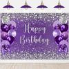 7x5Ft Purple Silver Happy Birthday Banner Backdrop Photography Background