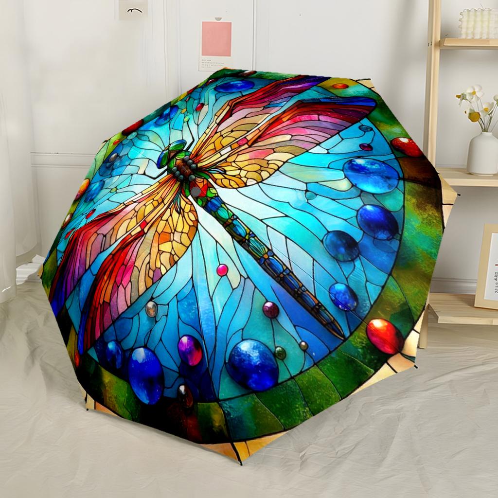Goldene Libelle Fantasy Kompakt-Reise-Automatikschirm mit 8 Speichen Stabiler Aufbau Reise-Essential Modisches Accessoire Spirituelles Geschenk