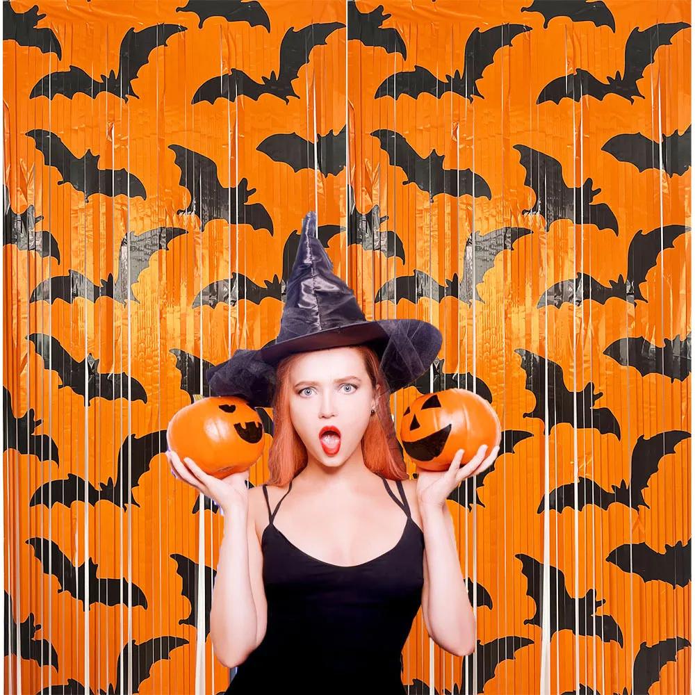 2pcs 1x2m Halloween Backdrop Pumpkin Bat Rain Silk Curtain self-adhesive Orange Photo Backdrop Streamer for Halloween Decoration
