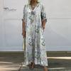 Herbst Sommer Damen Kleid Blumendruck Locker Neunte Ärmel mit Manschettenknöpfen V-Ausschnitt Seitentaschen Täglich Langes Kleid Lässiges Maxikleid