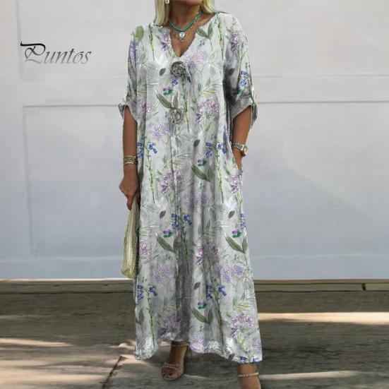 Herbst Sommer Damen Kleid Blumendruck Locker Neunte Ärmel mit Manschettenknöpfen V-Ausschnitt Seitentaschen Täglich Langes Kleid Lässiges Maxikleid