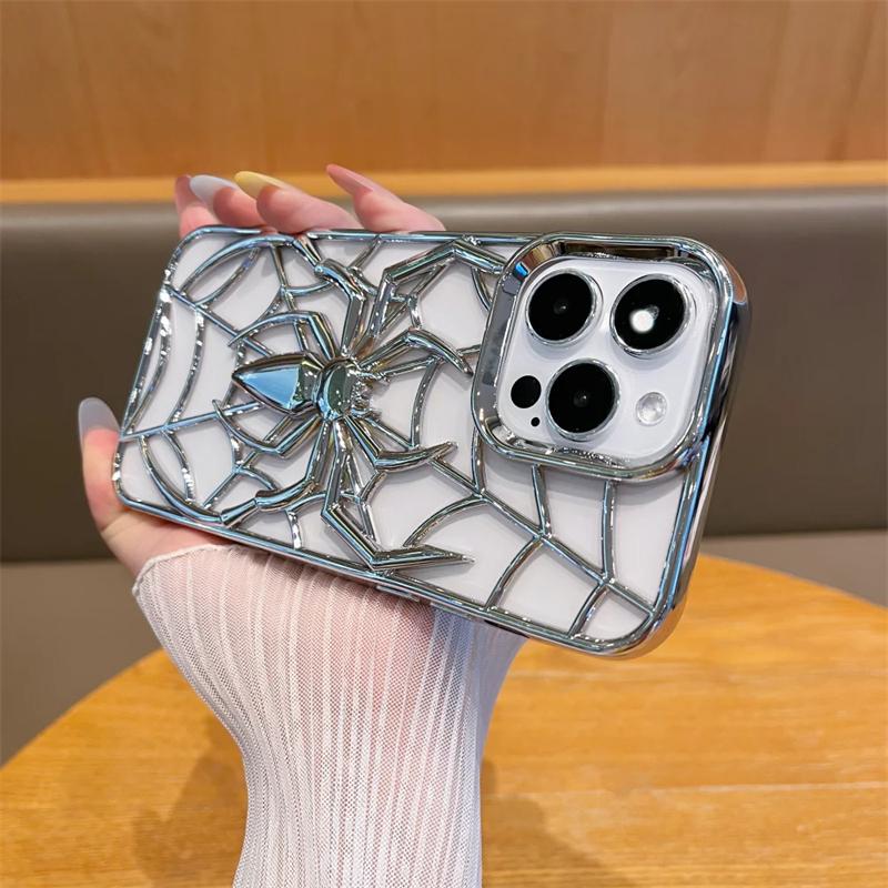 

Забавный 3D Полый Чехол-Паук для iPhone 16 15 14 13 12 11 Pro Max Мягкий ТПУ с Покрытием Теплоотводящая Крышка для iPhone 14 15 16 Plus iPhone 16 Pro Max серебряный