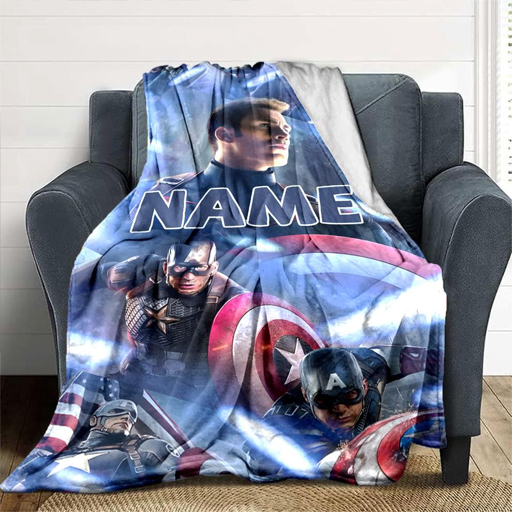 Captain America Action Scene With Shield And Dynamic Poses Lightweight Personalized Blanket Personalized Text Comfortable Texture Versatile For Sofa