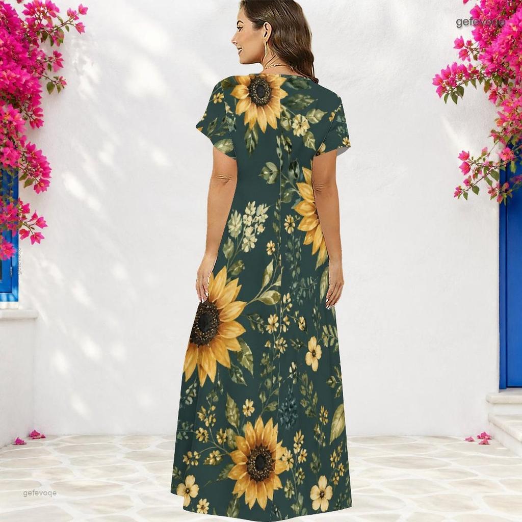 Women Plus Size V Neck Short Sleeve Floral Printed Dark Blue Straight Maxi Dress