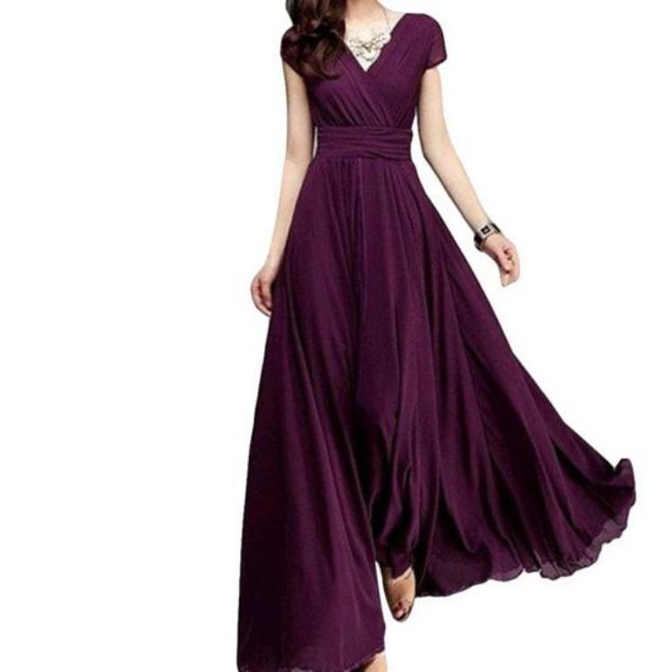 Sukienka Maxi Plus Size dla Kobiet Dekolt V Krótki Rękaw Dopasowana Suknia Wieczorowa Jednolity Kolor