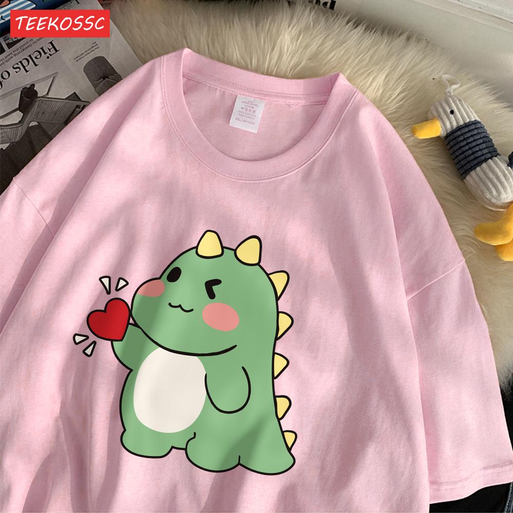 Trend Cotton WomenS TShirts Cute Little Dinosaur Confesses Love Printing Tee Shirts Soft Loose ONeck Summer Female Clothes