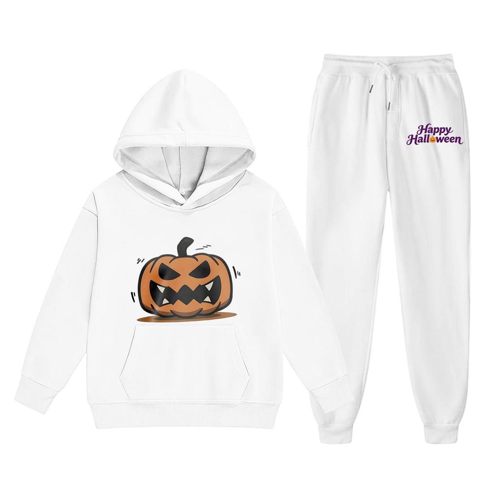 Kids Halloween Hoodie Set with Pumpkin Print Pullover Sweatshirt and Matching Pants Comfortable Casual Outfit for Boys and Girls