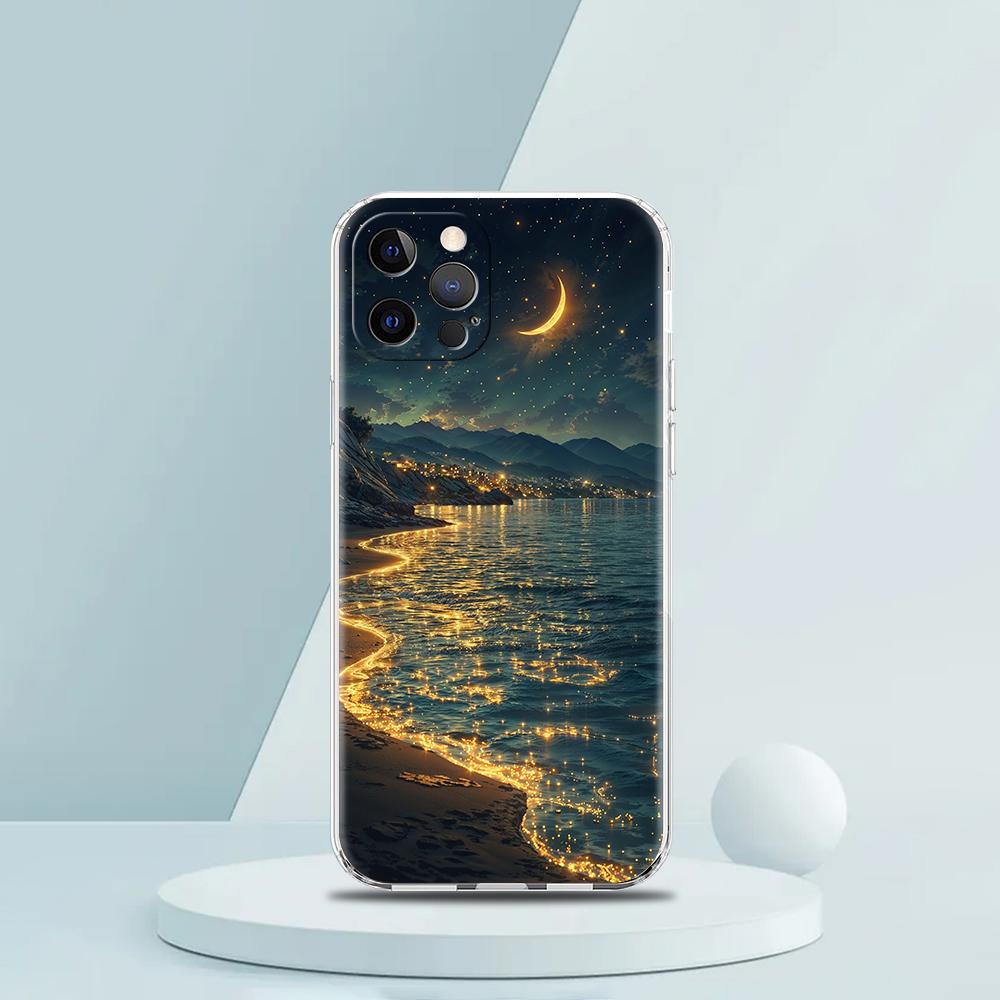 Soft TPU Transparent Phone Case for iPhone 16 15 14 13 12 11 Pro Max XR 8 7 Plus XR Starry Night Art Aesthetic Beach Night View