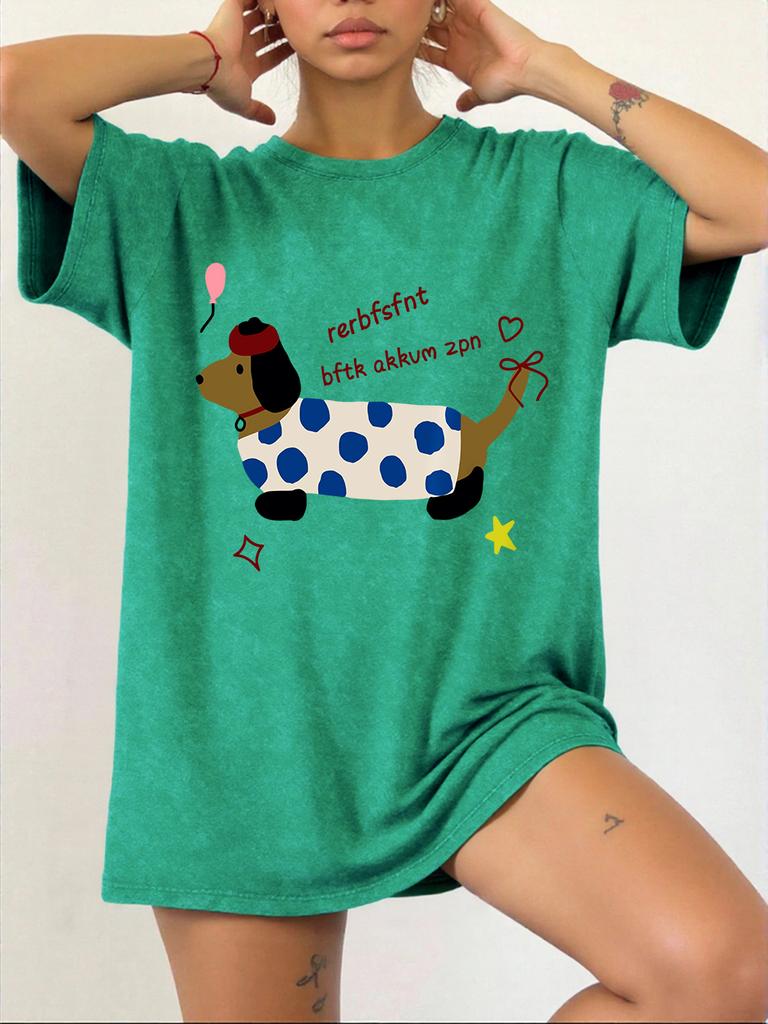 Dachshund Printing Washed TShirts Womens Cotton Short Sleeve Tops Hip Hop ONeck Oversized T Shirt Summer Comfortable Clothes