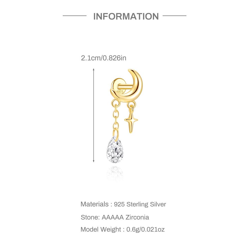 18K Gold S925 Sterling Silver Single Flat Back Piercing Earring Moon Star Tassel Eye Blue Crystal Four Point Star Design