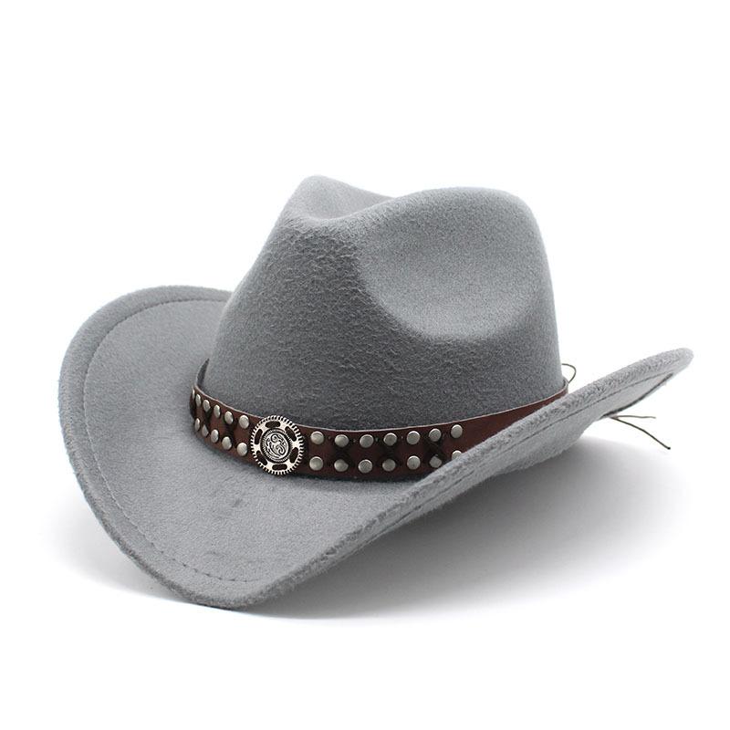 

Металлический пояс Коричневая джинсовая шляпа в стиле вестерн Осенне-зимняя шерстяная фетровая шляпа Мужская и женская шляпа в европейском и американском стиле для верховой езды на открытом воздухе M（56-58cm） серый