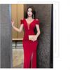 Temperament work clothes, sexy deep V-neck low-cut long evening dress, slim-fitting split-ended hip-wrapped dress for women