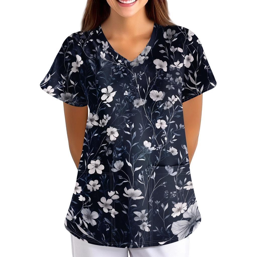 Loose Fit V Neck Pocket Short Sleeve Medical Scrub Top Floral Pattern Nurse Uniform Workwear for Healthcare Professionals