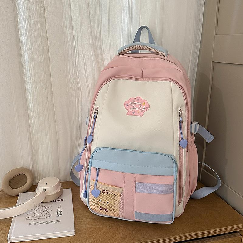 Student schoolbag girls large capacity high value student backpack splicing cute multi-compartment spine backpack women розовый