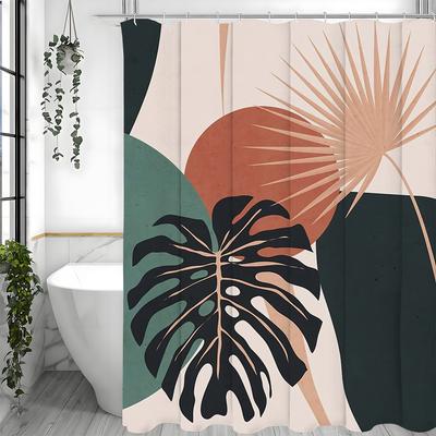 Boho sprchový závěs ve stylu Mid Century Modern, Boho abstraktní dekorativní sprchový závěs do koupelny s klenutými listy, Vodotěsný sprchový