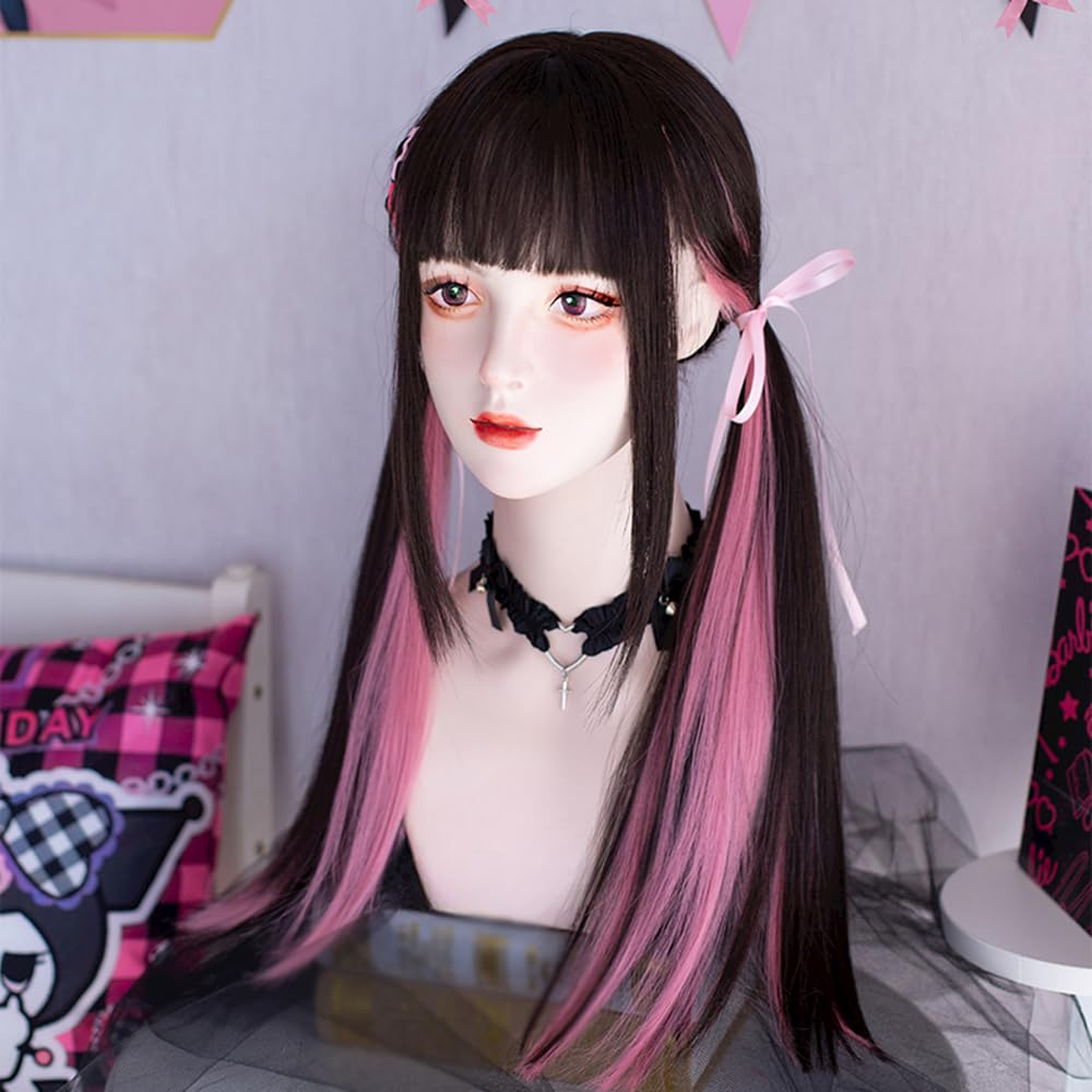 Full Perfect for Everyday Smaller Harajuku Princess with Wig and Events Long, Straight, Black, Pink, Dyed, Wig, Use, Women, Face, Natural, Cosplay,