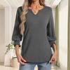 Women Black V Neck 3/4 Puff Sleeve Top Casual Loose Fit Solid Color Blouse Elegant Commute Tunic Shirt