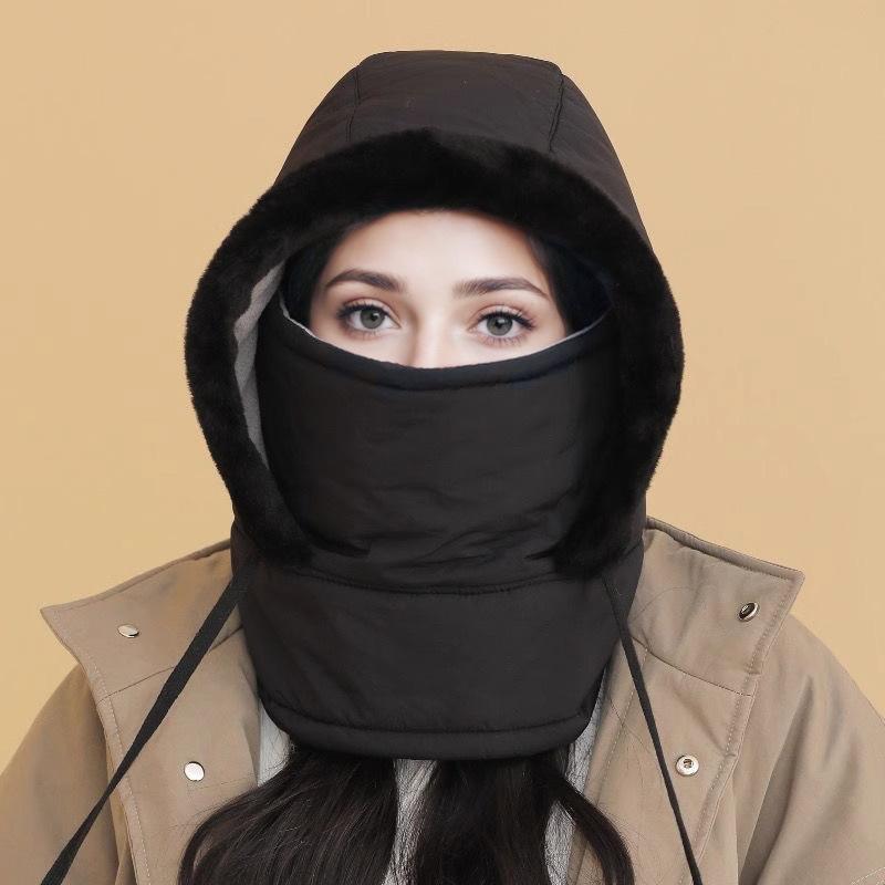 Warm, velvet, thickened, cold-proof mask, scarf, integrated hat for women's winter new Lei Feng hat, windproof cycling bag head hat